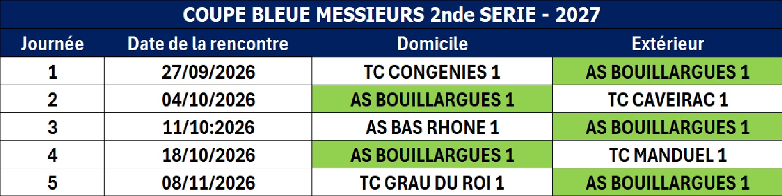 Calendrier des compétitions par équipe saison 2027